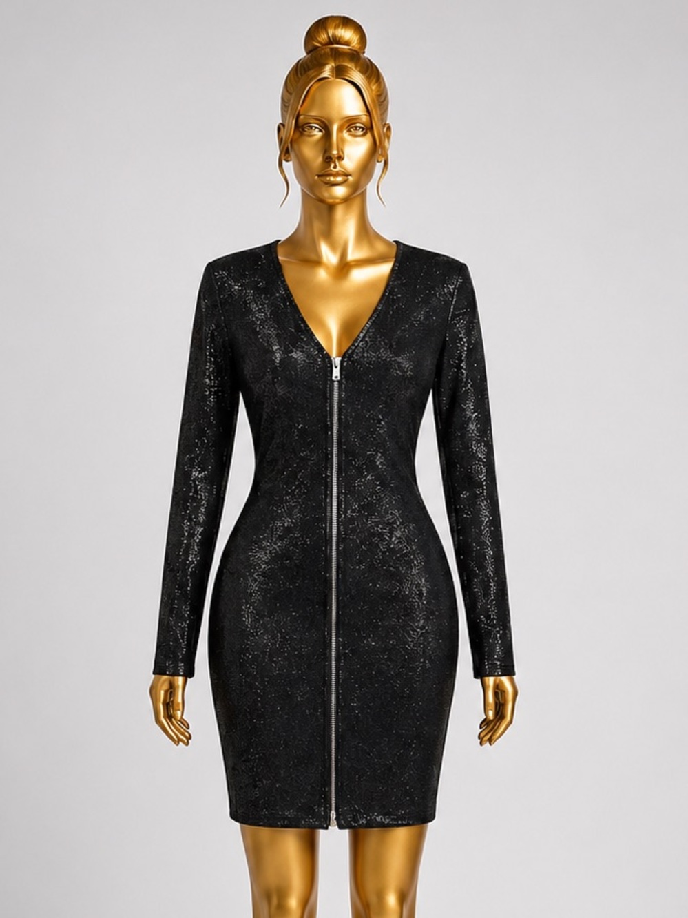 bebe Black Long Sleeve Zip-Front Bodycon Dress